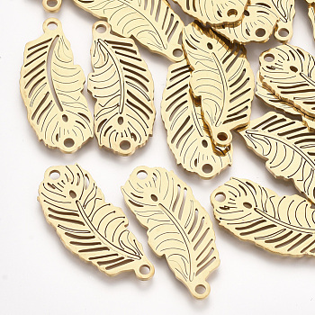 201 Stainless Steel Links connectors, Laser Cut Links, Leaf, Golden, 26x11x1mm, Hole: 1.6mm