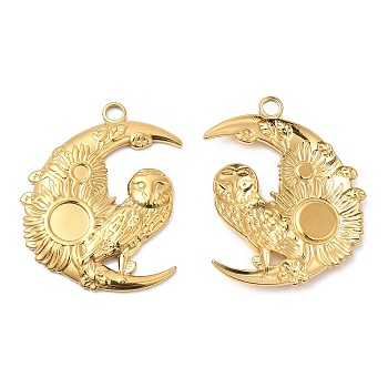 304 Stainless Steel Pendant Cabochon Settings, Moon with Owl, Real 18K Gold Plated, Tray: 2.5mm and 6mm, 32x27x3mm, Hole: 3mm