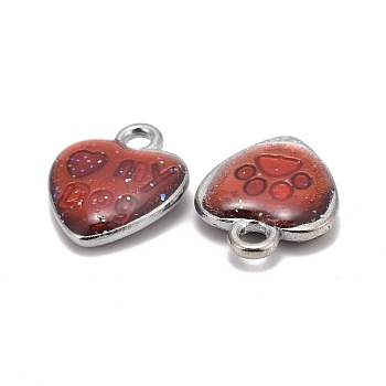 Alloy Enamel Charms, Cadmium Free & Lead Free, Heart with Foot Print and Word, Platinum Metal Color, Red, 15x12x3mm, Hole: 2mm