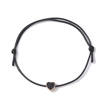 Alloy Enamel Heart Braided Bead Bracelet, Waxed Polyester Cords Adjustable Bracelet, Black, Inner Diameter: 3-1/2 inch(9cm)