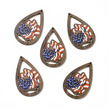 American Flag Theme Single Face Printed Aspen Wood Pendants, Teardrop Charm, Rose Pattern, 49.5x31x2.5mm, Hole: 1.6mm