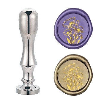 DIY Scrapbook, Brass Wax Seal Stamp Flat Round Head and Handle, Silver Color Plated, Flower Pattern, 25mm