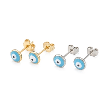 Brass Enamel Stud Earrings, Long-Lasting Plated, Flat Round with Evil Eye, Real Gold Plated & Real Platinum Plated, Mixed Color, Turquoise, 6x2.5mm, Pin: 0.8mm