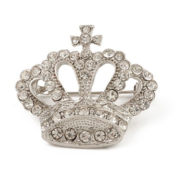 Rhinestone Crown Brooch Pin, Alloy Badge for Backpack Clothes, Platinum, 30.8x35x16.5mm