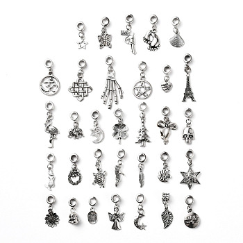 35Pcs 35 Styles Alloy European Dangle Charms, Large Hole Beads, Mixed Shapes, Antique Silver, 1pc/style
