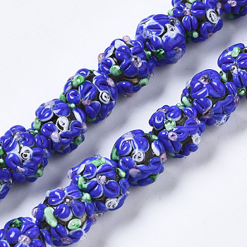 Handmade Lampwork Beads Strands, Bumpy, Round with Flower, Royal Blue, 12~13x11~12mm, Hole: 1mm, about 45pcs/strand, 19.29 inch(49cm)