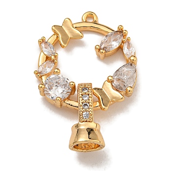 Brass Micro Pave Cubic Zirconia Fold Over Clasps, Ring with Butterfly, Real 18K Gold Plated, Clear, 27mm