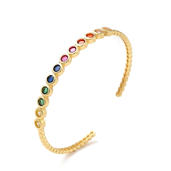 Colorful Cubic Zirconia Flat Round Open Cuff Bangle, Rack Plating Brass Jewelry for Women, Lead Free & Cadium Free, Real 18K Gold Plated, Inner Diameter: 2x2-3/8 inch(5x6cm)