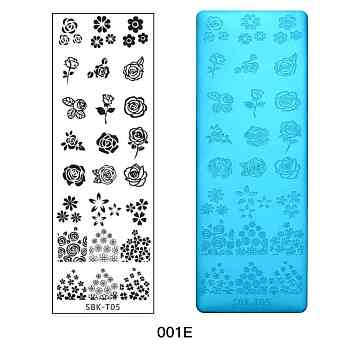 Stainless Steel Nail Art Stamping Plates, Nail Image Templates, Rectangle with Flower Pattern, Stainless Steel Color, 120x40mm