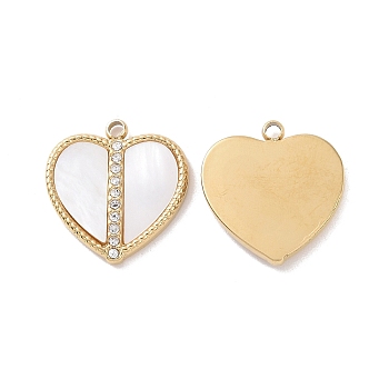 Natural White Shell Pendants, with Ion Plating(IP) 304 Stainless Steel Micro Pave Clear Cubic Zirconia Findings, Heart Charm, Real 18K Gold Plated, 16x15x2mm, Hole: 1.4mm