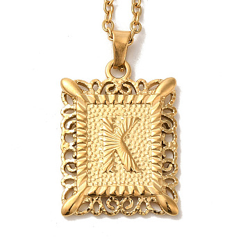 201 Stainless Steel Cable Chain Rectangle with Letter Pendant Necklaces, Golden, Letter K, 19.96 inch(50.7cm)