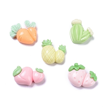 Opaque Cute Resin Decoden Cabochons, Carrot & Peach & Strawberry & Cactus, Mixed Shapes, Mixed Color, 12~17x17~19x7~8mm