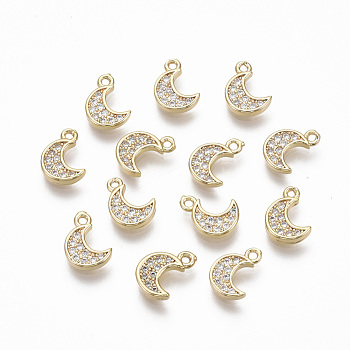 Brass Micro Pave Clear Cubic Zirconia Charms, Nickel Free, Moon, Real 18K Gold Plated, 9x6x1.5mm, Hole: 0.9mm