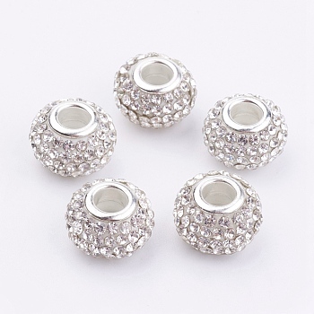 Grade A Rhinestone European Beads, Large Hole Beads, Resin, with Silver Color Plated Brass Core, Rondelle, Crystal, 15x10mm, Hole: 5mm