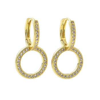 Clear Cubic Zirconia Double Interlocking Rings Dangle Hoop Earrings, Rack Plating Brass Jewelry for Women, Lead Free & Cadmium Free & Nickel Free, Real 18K Gold Plated, 25x14x2~13.5mm, Pin: 0.7mm