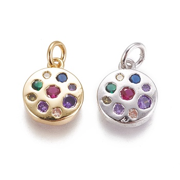Brass Micro Pave Cubic Zirconia Charms, Flat Round, Colorful, Mixed Color, 9.5x3mm, Hole: 3mm