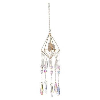 Quartz Crystal Tassels Pendant Decorations, with Glass Beads and Iron Macrame Pouch Cage, Rhombus, Golden, 397mm
