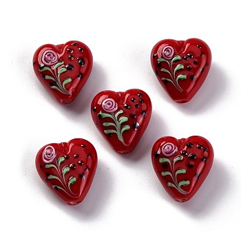 Handmade Lampwork Beads, Heart with Flower, Dark Red, 18.5x18x8.5mm, Hole: 2.5mm