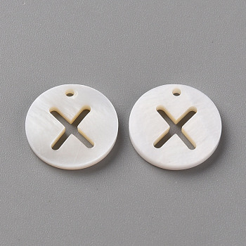 Natural Freshwater Shell Pendants, Flat Round with Letter, Letter.X, 12x1.5mm, Hole: 1mm