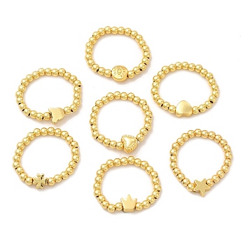 Rack Plating Round Brass & Alloy Beaded Finger Rings for Women, Lead Free & Cadmium Free, Long-Lasting Real 18K Gold Plated, Heart/Clover/Star, Mixed Patterns, 3mm, Inner Diameter: 20mm, Bead: 5~6x5~6x3~4mm