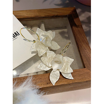 Alloy Acrylic Hoop Earrings, Flower, Golden, White, 70mm