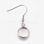 Stainless Steel Dangle Earrings, Cabochon Settings, Flat Round, Stainless Steel Color, Tray: 10mm, Pendant: 15x11.5x2mm, 35.5mm, 21 Gauge, Pin: 0.7mm(EJEW-WH0001-A04)