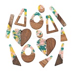 Walnut Wood & Transparent Resin Pendants, Mixed Shapes Charm, Mixed Color, 17.5~52x7.5~39.5x3~3.5mm, Hole: 2mm, about 14pcs/set(WD-CBA583A-22)