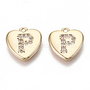 Brass Micro Pave Clear Cubic Zirconia Charms, Nickel Free, Real 18K Gold Plated, Flat Heart, Letter.P, 10x10x1mm, Hole: 1mm(KK-N231-234P-NF)