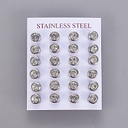304 Stainless Steel Rhinestone Stud Earrings, with Ear Nuts/Earring Back, Flat Round, Stainless Steel Color, 8mm, Pin: 0.8mm, 12pairs/card(EJEW-F227-02P-C)