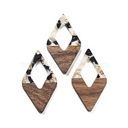 Walnut Wood Pendants, Resin and Gold foil, Rhombus, Black, 47.5x25.5x3.5mm, Hole: 2mm(FIND-Z050-02K)