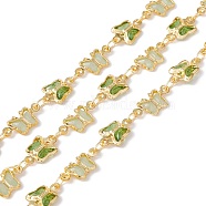 Handmade Eco-friendly Brass Butterfly Link Chain, with Glass Beaded, Real 18K Gold Plated, Lead Free & Cadmium Free, Soldered, with Spool, Green, 11x7x2mm, 12.5x6x2mm(CHC-E025-15G)