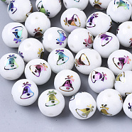Christmas Opaque Glass Beads, Round with Electroplate Christmas Bell Pattern, Multi-color Plated, 10mm, Hole: 1.2mm(X-EGLA-R113-06D)