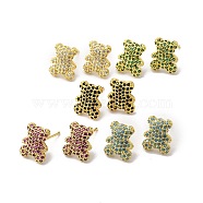 Cubic Zirconia Bear Stud Earrings, Real 18K Gold Plated Brass Jewelry, Cadmium Free & Lead Free, Mixed Color, 12.5x10mm(EJEW-R150-17G)