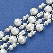 Handmade Round Glass Pearl Beads Chains for Necklaces Bracelets Making, with Iron Eye Pin, Unwelded, Platinum, White, 39.3 inch(AJEW-JB00055-01)