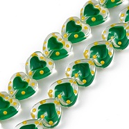 Handmade Lampwork Beads Strands, with Enamel, Heart, Green, 12x12.5x7mm, Hole: 1mm, about 30pcs/strand, 13.39 inch(34cm)(LAMP-F029-04G)