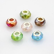 AB Color Plated Glass European Beads, Large Hole Rondelle Beads, with Silver Tone Brass Cores, Faceted, Mixed Color, 14x9mm, Hole: 5mm(GPDL-J026-AB)