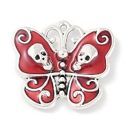 Halloween Rack Plating Alloy Enamel Pendants, Cadmium Free & Nickel Free & Lead Free, Butterfly with Skull Charm, Antique Silver, 20.5x23x3.5mm, Hole: 1.2mm(PALLOY-F018-27AS-02)