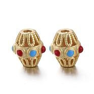 Matte Gold Color Brass Hollow Beads, with Enamel, Long-Lasting Plated, Bicone, Red, 10x9~10mm, Hole: 2mm(KK-L155-08A)