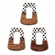 Printed Opaque Resin & Walnut Wood Pendants, Hollow Trapezoid Charm with Polka Dot Pattern, White, 37.5x27.5x3.5mm, Hole: 2mm(RESI-TAC0017-64)