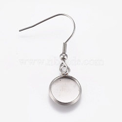 Stainless Steel Dangle Earrings, Cabochon Settings, Flat Round, Stainless Steel Color, Tray: 10mm, Pendant: 15x11.5x2mm, 35.5mm, 21 Gauge, Pin: 0.7mm(EJEW-WH0001-A04)