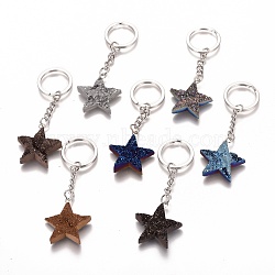 Electroplated Natural Dyed Druzy Quartz Keychain, with Iron Findings, Star, Grade AB, Platinum, Mixed Color, 83~85mm(KEYC-I111-01P)