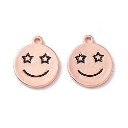 Rack Plating Eco-friendly Brass Pendants, Cadmium Free & Lead Free, Flat Round with Smiling Face, Real Rose Gold Plated, 16.5x14x1.5mm, Hole: 1.5mm(KK-D076-02RG)
