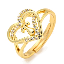 Heart with Letter Rack Plating Brass Micro Pave Clear Cubic Zirconia Adjustable Rings for Women, Lead Free & Cadmium Free, Real 18K Gold Plated, Letter T, Inner Diameter: 16mm(RJEW-I105-01G-T)