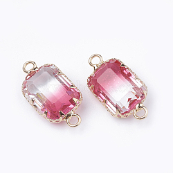 K9 Glass Links connectors, Imitation Tourmaline, with Golden Tone Brass Findings, Faceted, Rectangle, Hot Pink, 22x10.5~1x6~6.5mm, Hole: 2mm(GLAA-Q069-13F)