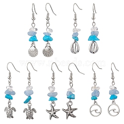 Natural & Synthetic Mixed Stone Dangle Earrings, with Alloy Beads and Brass Earring Hooks, Marine Theme, Mixed Shapes, Mixed Shapes, 47x9~12mm(EJEW-JE06147)