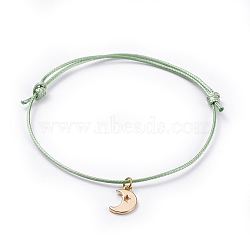 Cord Bracelets, with Eco-Friendly Korean Waxed Polyester Cord and Brass Charms, Moon, Golden, Dark Sea Green, 2-1/2 inch~3-3/8 inch(6.5~8.6cm)(BJEW-JB04518-03)
