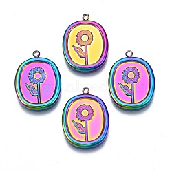 Rack Plating Rainbow Color 304 Stainless Steel Cabochon Settings for Enamel, Oval with Flower, 20.5x15x2mm, Hole: 1.4mm(STAS-N098-032)
