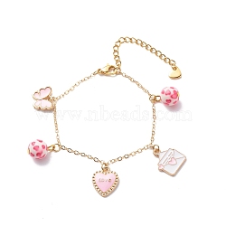 Word Love Heart Butterfly Alloy Enamel Charms Bracelet with Resin Beads, Valentine Theme Jewelry for Women, Pink, 6-3/4 inch(17.2cm)(BJEW-JB08677)