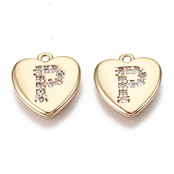 Brass Micro Pave Clear Cubic Zirconia Charms, Nickel Free, Real 18K Gold Plated, Flat Heart, Letter.P, 10x10x1mm, Hole: 1mm