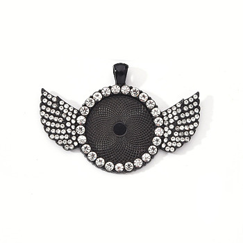Alloy Pendant Cabochon Settings, with Crystal Rhinestone, Cadmium Free & Lead Free, Flat Round with Wing, Electrophoresis Black, Tray: 25mm, 41.5x60x3.5mm, Hole: 5x3.5mm